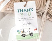 Golf Birthday Thank You Tag, Editable Golf Cart & Green Balloons Birthday Party Tag,  Hole In One Par-Tee Favors Gift Tag, Digital Download
