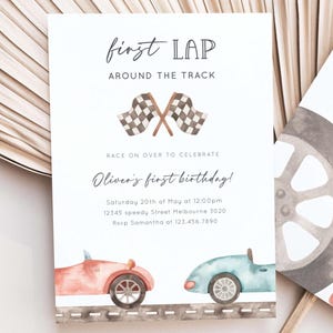 Race car First Lap Birthday Invitation, Editable Red & Blue Car 1st B'day Party, Vintage Cars 1st Lap Around The Track, Digital Download