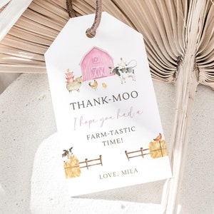 Editable Pink Farm Thank You Tag, Girl Farm Birthday Party Gift Tag ...