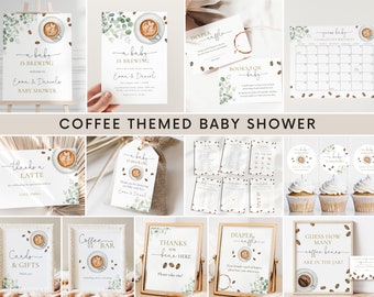 A Baby Is Brewing Baby Shower Invitation Bundle, Editable Templates Coffee Greenery Baby Shower Invite Decor Games Package, Digital Download