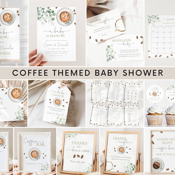 A Baby Is Brewing Baby Shower Invitation Bundle, Editable Templates Coffee Greenery Baby Shower Invite Decor Games Package, Digital Download
