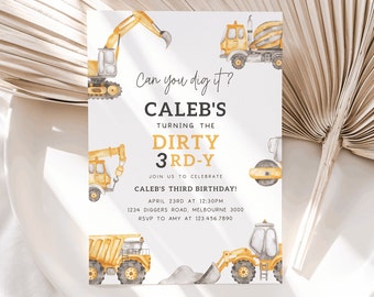Construction Dirty 3RD-Y Birthday Invitation, Editable Template, Construction Trucks 3rd B&#39;day Invite, Digger Truck Party, Digital Download