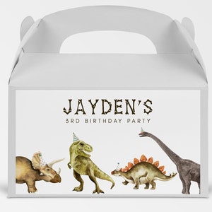 Etiqueta de caixa de empena de dinossauro, modelo editável, decoração de festa T-Rex, caixa de brindes de lembrancinhas de dinossauro, etiqueta adesiva de caixa de presente de festa de aniversário de dinossauro