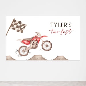 Editable Red Dirt Bike Birthday Banner, Any Age Racing Bike Party Decor, Printable Two Fast Dirt Bike Banner Backdrop, Digital Download