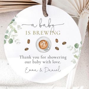 A Baby Is Brewing Favor Tag, Editable Coffee Greenery Baby Shower Thank You Tag, Coffee Beans Baby Shower Gift Tag Round, Digital Download