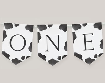 Cow Print High Chair Banner, Editable Template, ONE Cow Birthday Banner, Holy Cow 1st B'day Party Decor, Farm B'day Banner, Digital Download