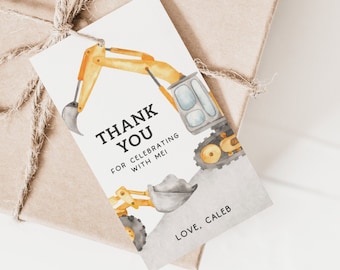 Construction Thank You Tag, Editable Template, Excavator Truck Party Tag, Construction B'day Favors, Digger Truck Birthday, Digital Download
