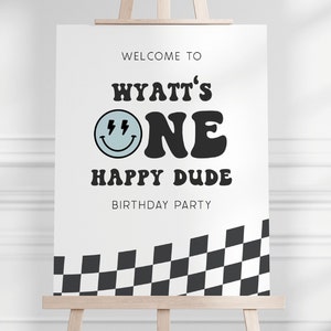 One Happy Dude Welcome Sign, Editable Template, Blue Smiley Face B'day Party Sign,  Boy Blue Happy Dude 1st B'day Decor, Digital Download