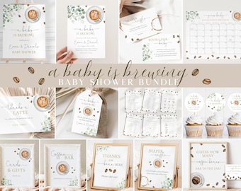 A Baby Is Brewing Baby Shower Invitation Bundle, Editable Template Coffee Greenery Baby Shower Invite Decor Games Package, Digital Download