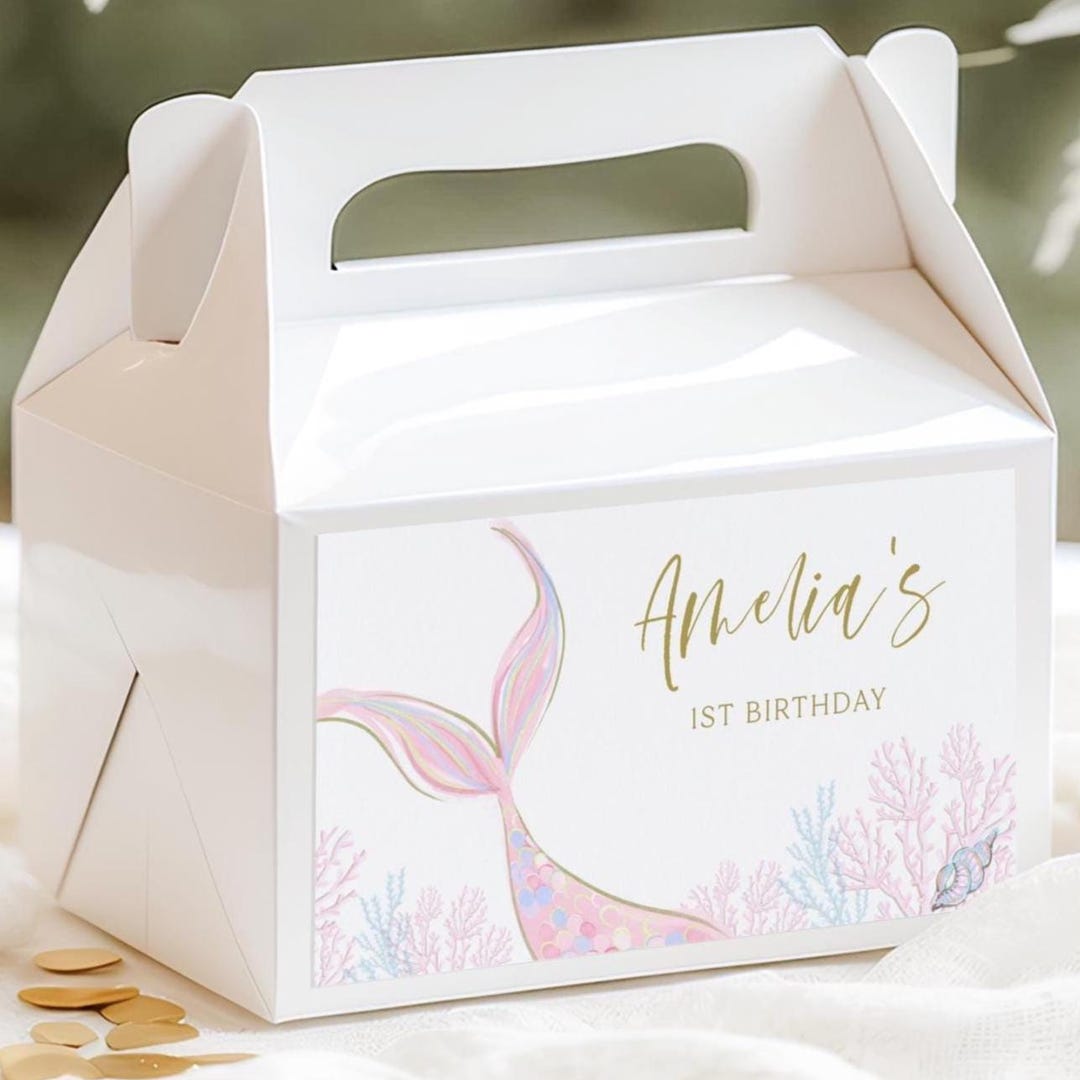 Pink Mermaid Birthday Gable Box Label, Editable Mermaid Goodie Box ...