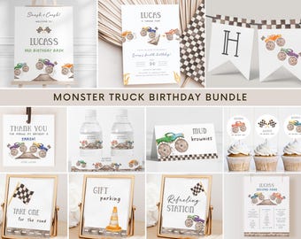 Editable Monster Truck Birthday Invitation Bundle, Kids Monster Truck Party Signs Decor Package, Racing Trucks Invite, Digital Download