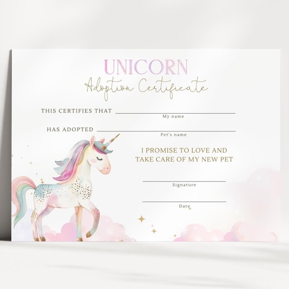 Unicorn Adoption Certificate, Editable Magical Birthday Party Adoption Card, Pastel Unicorn B'day Adopt A Unicorn Pet Card, Digital Download