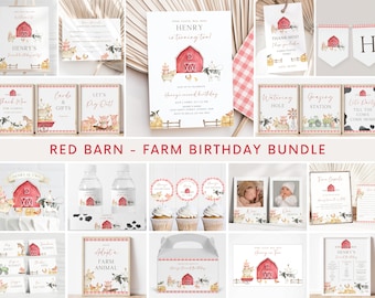 May include: Red barn themed birthday party printable set with watercolor illustrations of farm animals, a red barn, and a wagon. The set includes invitations, thank you tags, cupcake toppers, water bottle labels, and more. The text on the invitation says "Come celebrate Henry's second birthday!"