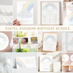 Lot d'invitations d'anniversaire arc-en-ciel pastel, modèles modifiables, invitation arc-en-ciel, paquet d'étiquettes de panneaux de fête d'anniversaire, téléchargement numérique