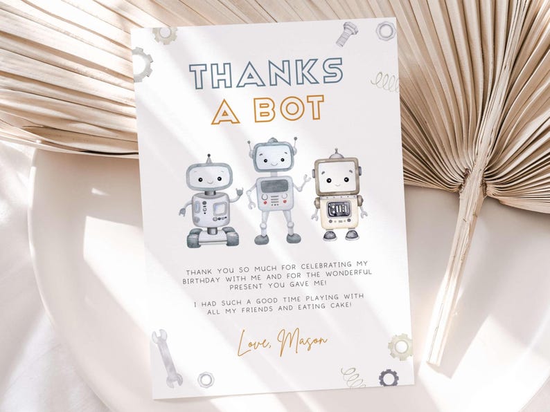 Editable Robot Thank You Card, Robots Birthday Party Thank You Note ...