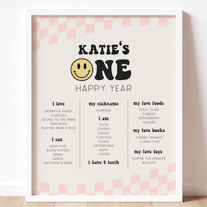 One Happy Girl Milestone Poster, Editable Template, Smiley 1st Year Birthday Party Sign, Girl One Happy Year Milestone, Digital Download