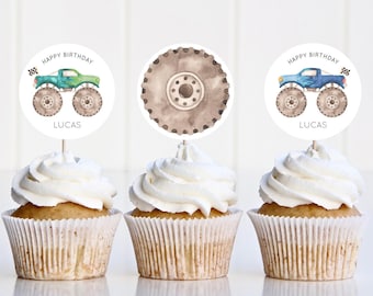Editable Monster Truck Cupcake Topper, Blue & Green Monster Truck Happy B&#39;day Cupcake Decor, Racing Trucks Party Decor, Digital Download