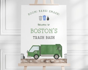 Müllwagen-Party-Willkommensschild, bearbeitbares grünes Müll-LKW-Geburtstagsfeier-Schild, Trash Bash Truck Party Willkommensdekor, digitaler Download