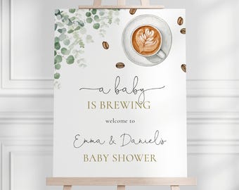 Letrero de bienvenida para baby shower "A Baby Is Brewing", plantilla editable, baby shower con temática de café y vegetación, baby shower de género neutro, descarga digital