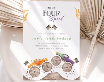 Editable Need Four Speed Monster Truck Invitation, Purple Green Truck 4th Birthday Invite, Purple Orange Truck B'day Party, Digital Download