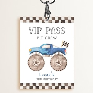 Monster Truck Pit Crew Pass, Editable Template, Racing Truck Birthday VIP Pit Pass, Blue Monster Truck Party VIP Crew Tag, Digital Download
