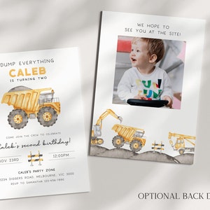 May include: A construction-themed birthday invitation for a boy named Caleb turning two. The invitation features a yellow dump truck with a black and gray design, a construction zone sign, and the text "Caleb's second birthday!"