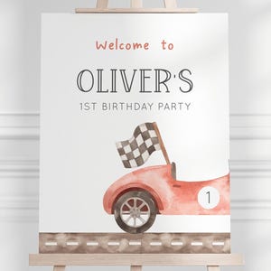 Editable Red Racing Car Birthday Welcome Sign, Fast One Reto Race Car B&#39;day Welcome Poster, Car 1st B&#39;day Party Sign decor, Digital Downoad