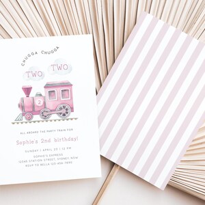May include: Pink train party invitation with the text "CHUGGA CHUGGA TWO TWO" and a pink train with a number 2 on the side. The invitation says "All aboard the party train for Sophie's 2nd birthday!" with the date, time, location, and RSVP information.