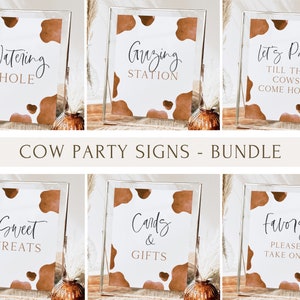 Pacote de placas para festa de aniversário de vaca, impressões de vaca marrom editáveis para aniversário, placa minimalista para comida e bebida, pacote de decoração com lembrancinhas de vaca, download digital