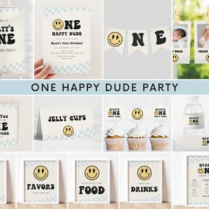 One Happy Dude 1st Birthday Invitation Bundle, Editable Smiley Lightning 1st B'day Party Invite & Signs, Retro Happy Dude, Digital Download