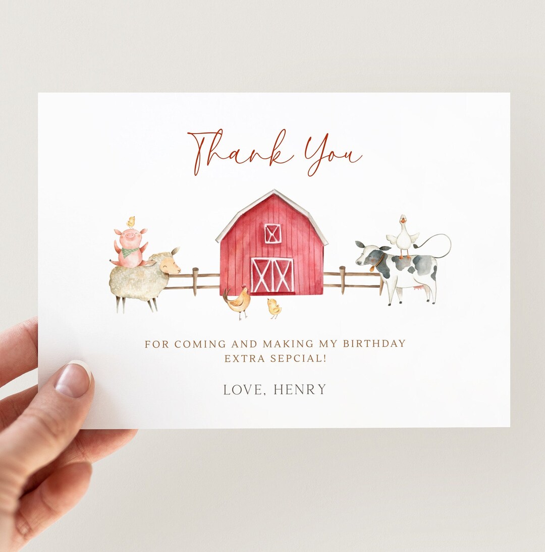 Editable Red Barn & Farm Animals Thank You Card, Barn Birthday Thank ...