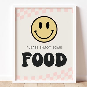 One Happy Girl Food Sign, Editable Template, Girl Retro Smiley Face B&#39;day Party Sign, Smiley Face Table Sign Decoration, Digital Download