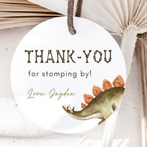 Bewerkbare Dino Gift Tag, Dinosaur Birthday Party Decor, Stegosaurus Bday Thank You Tag, Dinosaur Gift Tag Sticker Gunsten, Digitale Download