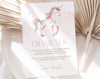 Unicorn Birthday Thank You Card, Editable Magical Unicorn Party Thank You Note, Girl Unicorn Thank You Favor Card, Digital Download