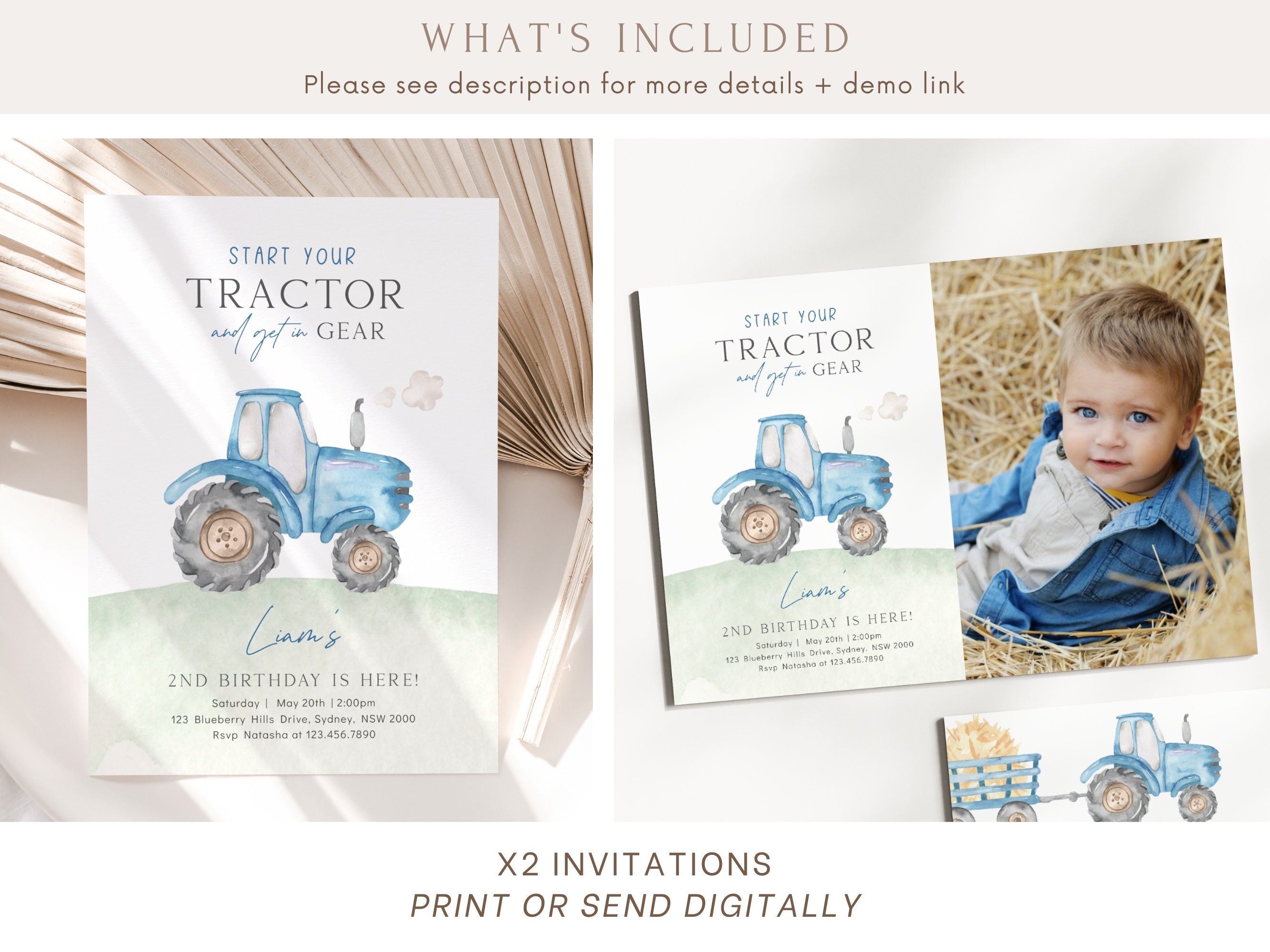 Blue Tractor Birthday Invitation Bundle, Editable Any Age Tractor Farm ...