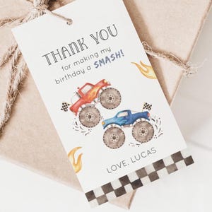 Editable Monster Truck Favor Tag, Red & Blue Monster Truck Thank You Tag, Racing Truck Birthday Party, Truck Bday Gift Tag, Digital Download