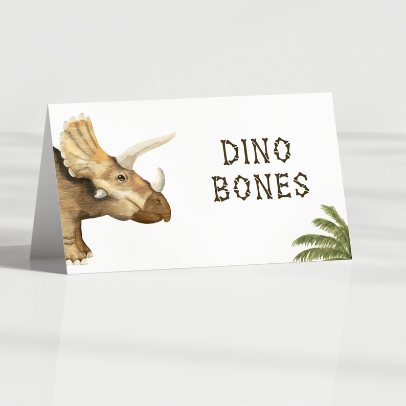 Carpas de comida de dinosaurios, plantilla editable, etiquetas de comida de cumpleaños de Dino, carpas de comida T-Rex, decoración de mesa de fiesta de dinosaurios, descarga digital imagen 2