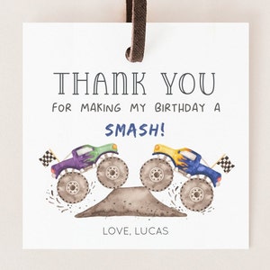 Monster Truck Thank You Tag, Editable Template, Truck Party Favor Tag, Monster Truck Birthday Label Tag, Purple Blue Truck, Digital Download image 1