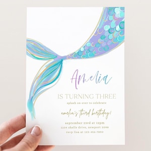 Invito modificabile a forma di sirena, invito di compleanno a forma di sirena viola e blu di qualsiasi età, compleanno di sirena per ragazze moderne, festa sottomarina, download digitale