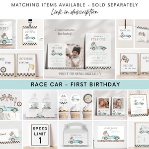 May include: A set of printable party decorations for a first birthday with a race car theme. The decorations include invitations, thank you cards, cupcake toppers, water bottle labels, and signs. The color scheme is blue, green, and brown.
