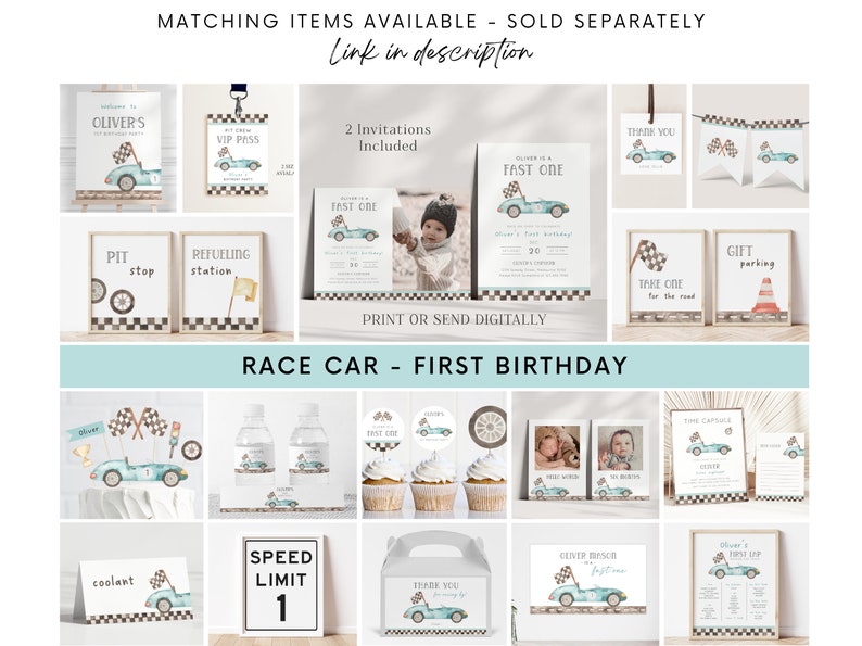 May include: A set of printable party decorations for a first birthday with a race car theme. The decorations include invitations, thank you cards, cupcake toppers, water bottle labels, and signs. The color scheme is blue, green, and brown.
