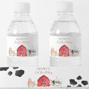 Red Barn & Farm Animals Birthday Water Bottle Label, Editable Barnyard Drink Label, Minimalist Farm B'day Party Decor, Digital Download