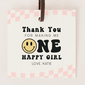 Editable One Happy Girl Favors Tag, Girl 1st Birthday, Printable Smile Face Thank You Tag, Retro Pink One Happy Girl Party, Digital Download