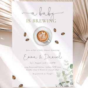 A Baby is Brewing Baby Shower Invite, Editable Template, Coffee Greenery Shower Invitation, Gender Neutral Shower Party, Digital Download