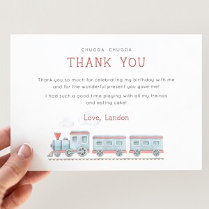 Tarjeta de agradecimiento de cumpleaños de tren, nota de agradecimiento editable de tren azul Chugga Chugga Two Two, tarjeta de regalo de fiesta de tren para niño, descarga digital