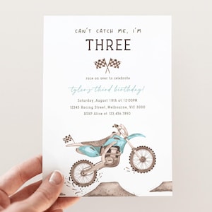 Dirt Bike 3rd Birthday Invitation, Editable Template, Baby Blue Dirt Bike Invite, Can&#39;t Catch Me I&#39;m Three Racing B&#39;day, Digital Download