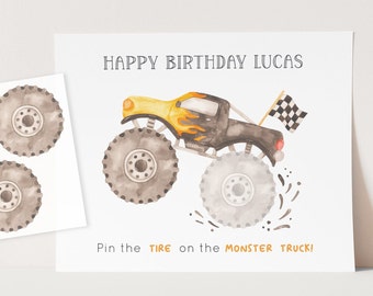 May include: A printable game for a birthday party. The game is called "Pin the Tyre on the Monster Truck!" and features a cartoon monster truck with flames and a chequered flag. There are three tyre cutouts to pin on the truck.