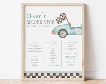 Racing 2nd Birthday Milestone Poster, Editable Two Fast B'day Sign, Vintage Blue Race Car Party 2nd Year Milestone Decor, Digital Download