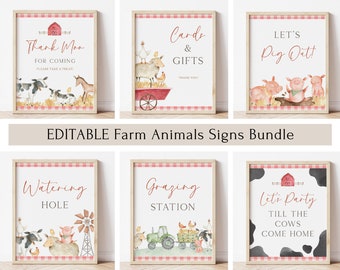 May include: A set of printable farm animal party signs with a pink and white gingham background. The signs include text such as "Thank Moo", "Let's Pig Out", "Watering Hole", "Grazing Station", and "Let's Party Till The Cows Come Home".