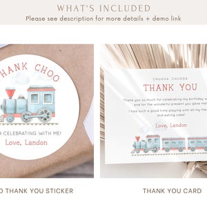 May include: A set of thank you cards and stickers featuring a blue and red train with white clouds. The text on the card reads "Chugga Chugga Thank You" and the text on the sticker reads "Thank Choo for celebrating with me! Love, Landon".